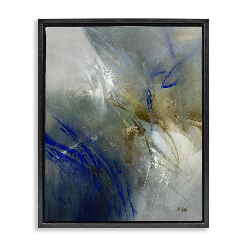 Blue & Neutrals Distortion Floating Frame, design by K. Nari, 21" H x  17" W, Jet Black Floater Frame