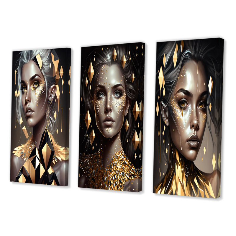 «Radiating Golden Woman», 3 pièces sur toile, Toile tendue, H 28 po x l 36 po