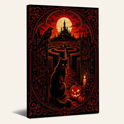 Art mural sur toile gothique, chat noir et citrouille au labyrinthe d'Halloween