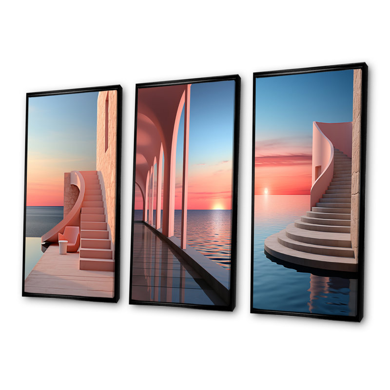 Sunset Coastal Architecture Serenity, Black Floater Framed, 32'' H x 48'' W