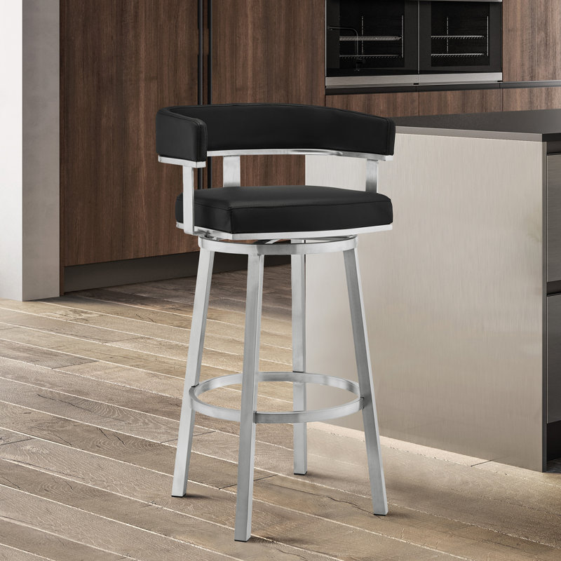 Kellum Swivel Counter and Bar Height Barstool with Arms in Faux Leather Upholstery and Metal Legs, Black