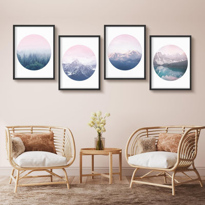 "Rose et bleu, paysage de montagne, œuvre d'art moderne minimaliste", 4 pièces