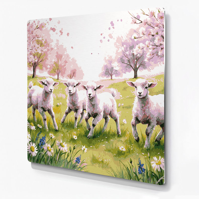 «Farm Spring Lambs», art mural en métal beige, H 12 po x l 12 po