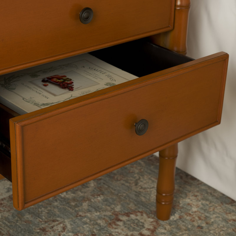Élégante table de chevet l 23 po - commode en bois Glam Boho, détails en bambou et finition neutre, Brun