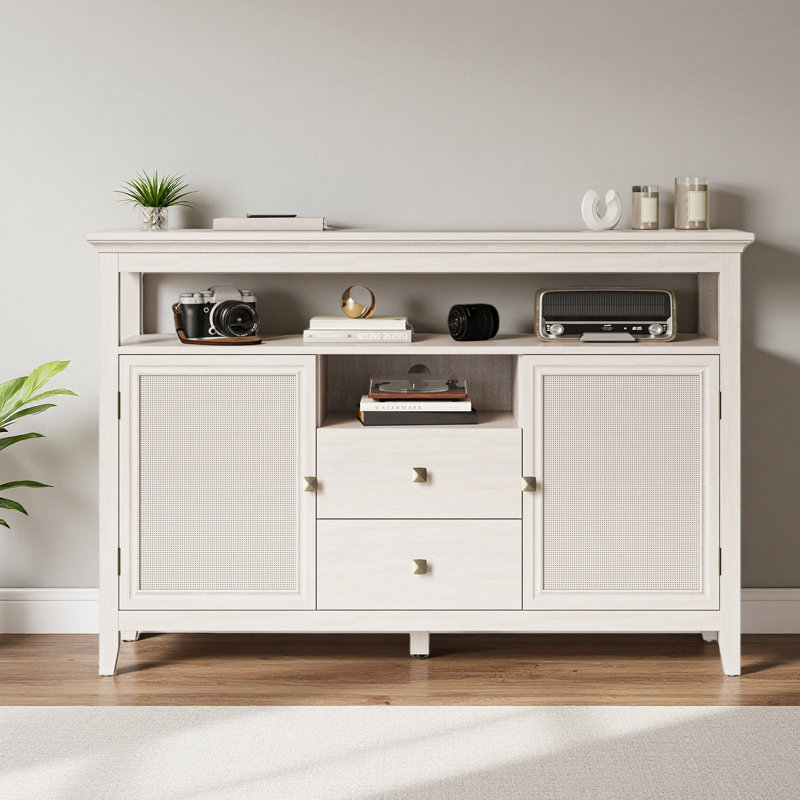 Buffet 52,8 po en rotin, armoire de rangement style ferme Boho avec tablettes réglables, armoire d'appoint pour la cuisine