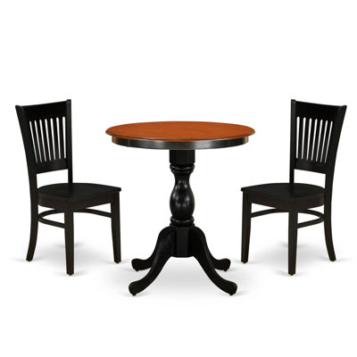 3 Piece Dining Table Set for Small Spaces Contains a Round Dining Room Table with Pedestal and 2 Wood Seat Chairs, Black & Cherry