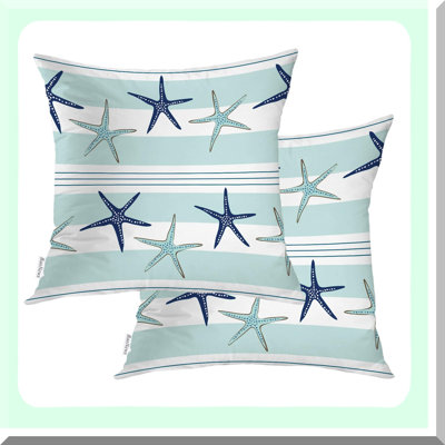Starfish Coastal Navy Blue Cushion Covers - Set of 2, Square Decorative Throw Pillow Cases for Sofa, Bedroom, Car - Turquoise Cotton Fabric