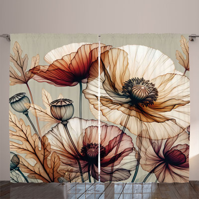 Ambesonne Curtains 2 Panel Set, Fantasy View Poppy Flowers Pale Maroon Grey Yellow -  p_sd2004_108x108