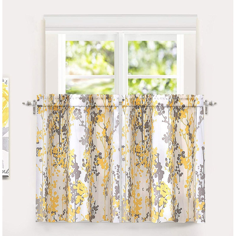 Adaleigh Floral Kitchen Window Curtains, Navy/Gray, 28" W x 36" L