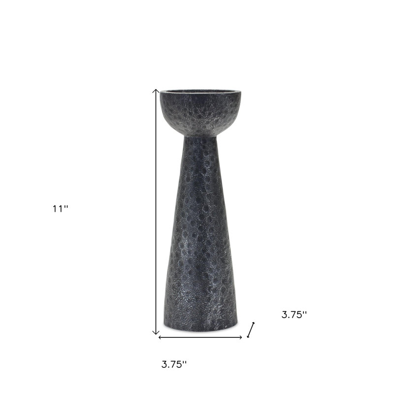 Set of Two Black Hammered Polyresin Tabletop Pillar Candle Holders