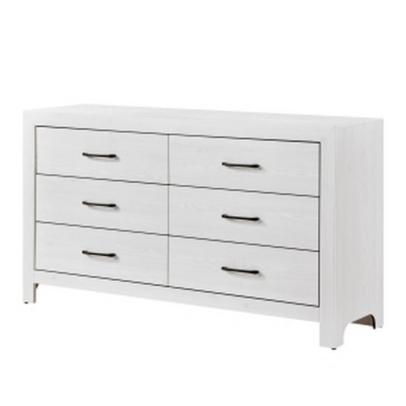 Commode Schrey de 59 po de largeur, 6 tiroirs avec poignées en nickel noir, finition blanche