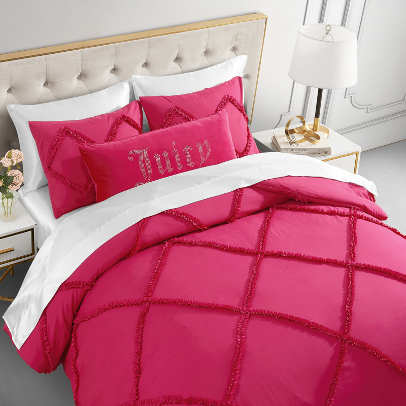 Diamond Ruffle Reversible Microfiber Comforter Set, Twin Extra Long Comforter + 1 Standard Sham, Hot Pink