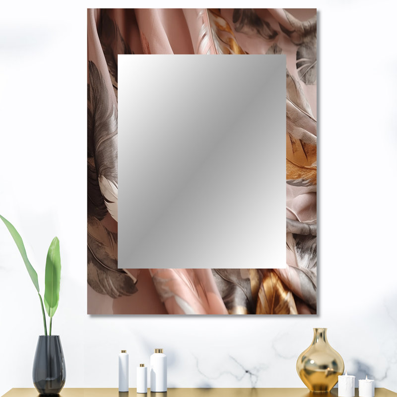 Gold Glamorous Feathers Of Boho Fantasy II - Glam Feather Wall Mirror, Modern Decorative Mirror, Printed Metal Art, 40" x 30"