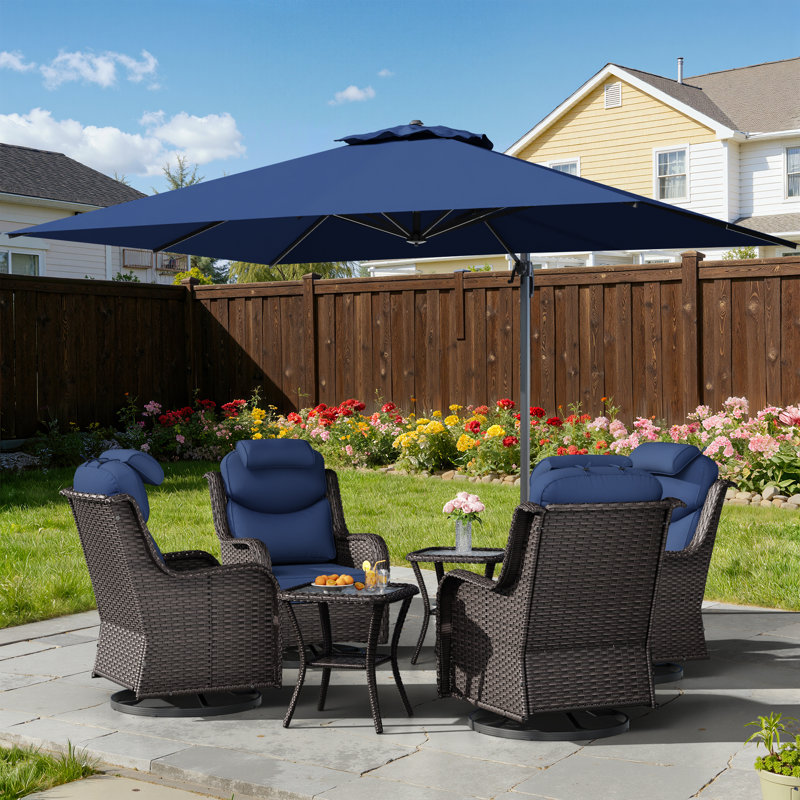 Adcox 4-Person Outdoor PE Wicker Swivel Chairs Set With Patio Umbrella,Removable Headrests,Side Tables & Blue Cushions, Blue