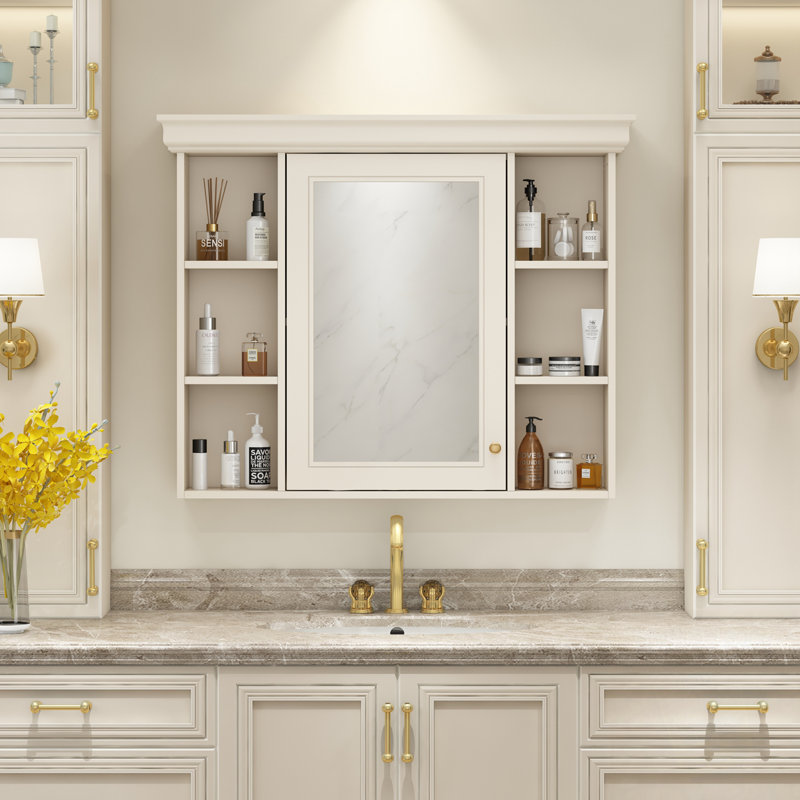 Armoire de rangement murale pour salle de bain avec porte miroir et tablettes ouvertes, Beige / Crème