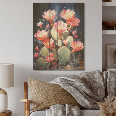 Cactus framboise réserve I - Art mural en bois de cactus sur bois de pin naturel