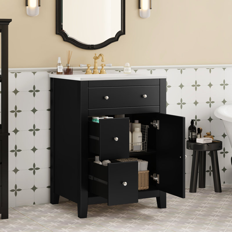 Meuble-lavabo de 24 pouces avec lavabo en céramique de style champêtre français, tiroirs coulissants et espace de rangement réglable pour les rasoirs