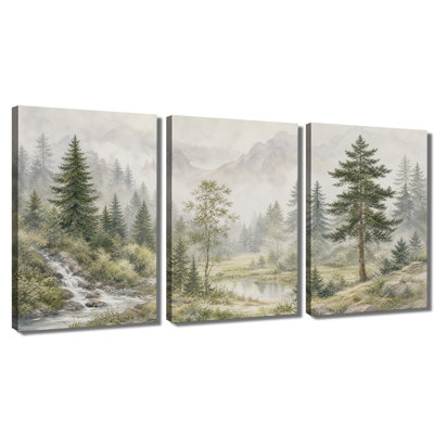 Canvas Wall Art Vintage Watercolor Misty Pine Forest Waterfall Lake Mountain Scene for Bedroom Living Room