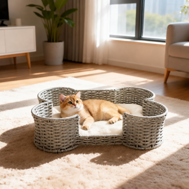 Handwoven Wicker Ireyanna with Raised Edge, Cozy Rattan Sofa Style Cat and Dog Bed for Indoor Use