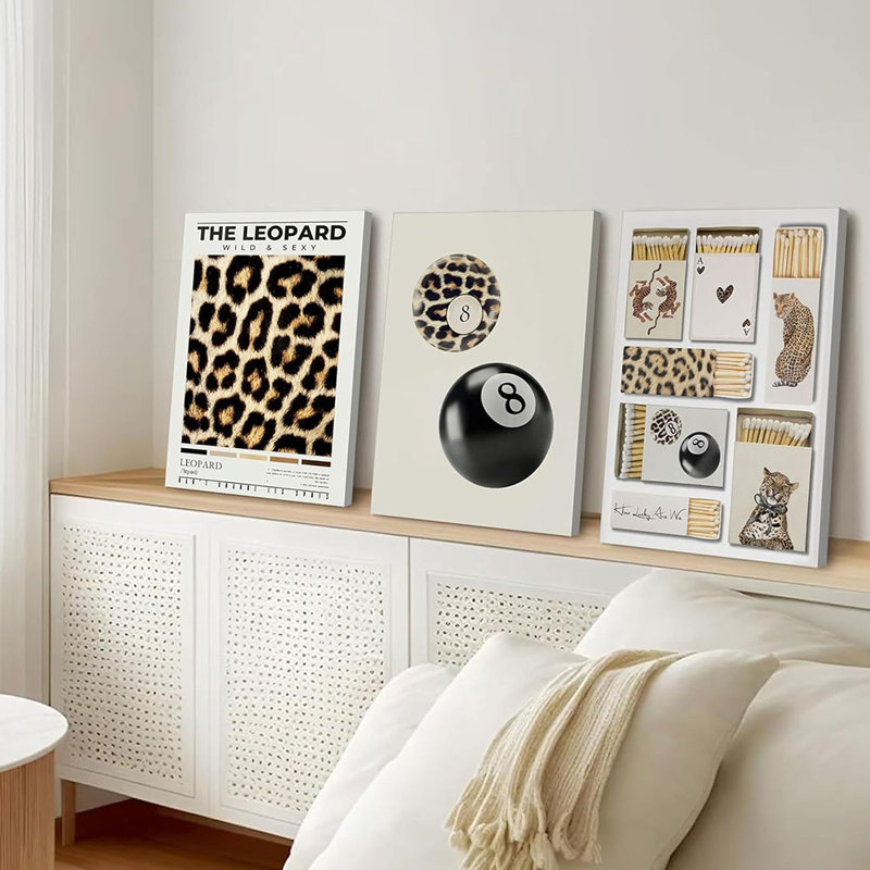 3Pcs Trendy Leopard Print Canvas Wall Art Stylish 8 Ball Matchbox Poster Prints Funky Preppy Room Aesthetic Cheetah Wall Decor Picture For Bedroom Apartment Dorm Framed