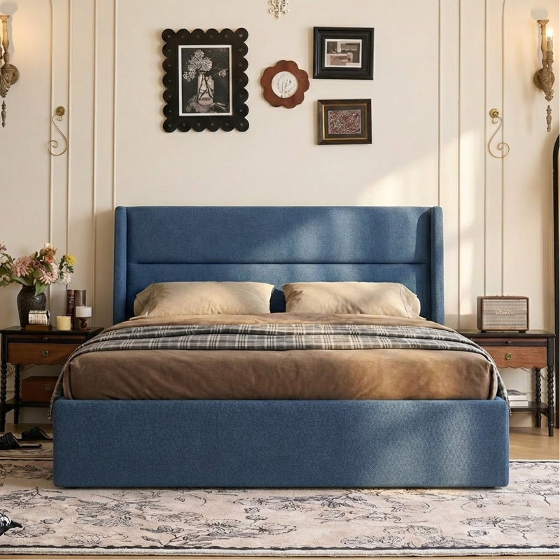 Lit plateforme tapissier avec rangement Gaillarde, Bleu brume grisâtre, Très grand