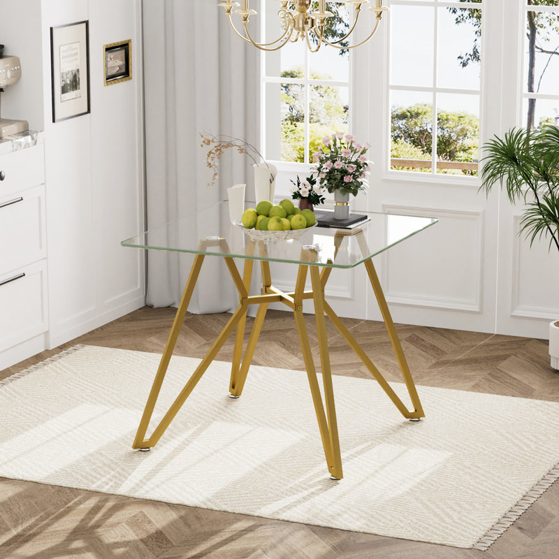 Table de salle à manger carrée en verre trempé pour petits espaces - Base en métal robuste, design minimaliste moderne