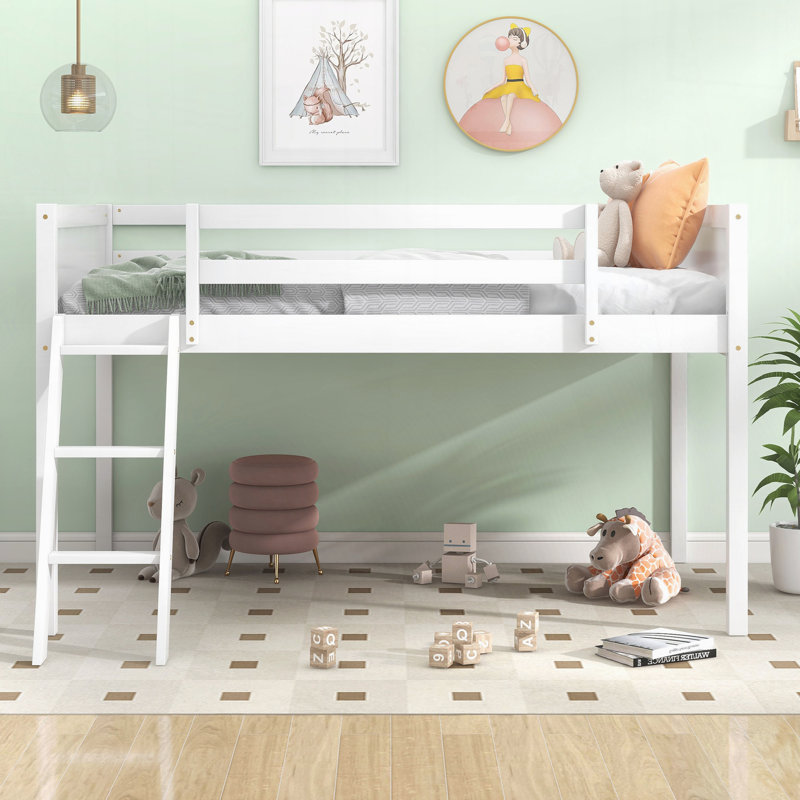 Lit mezzanine bas en bois avec échelle, Gris, Lit simple