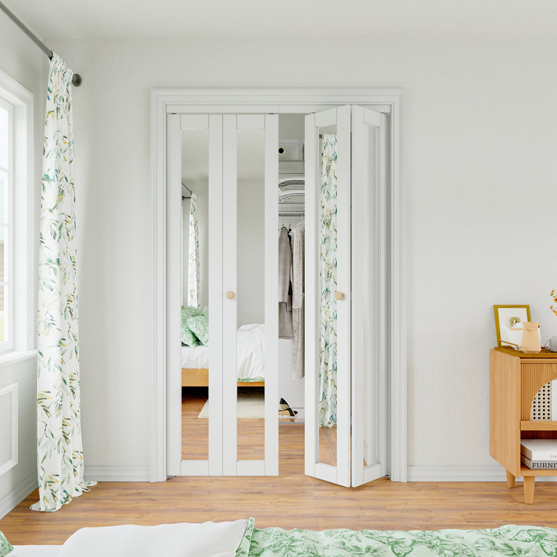 Mirrored Glass White Primed Solid Core Bi-Fold Closet Door With Hardware Kit, 48" x 80.6"