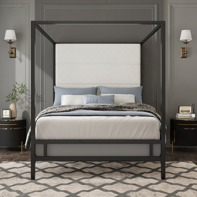 76.5" Tall Velvet Fabric Upholstered Headboard Metal  Canopy Bed, Queen, Black/White