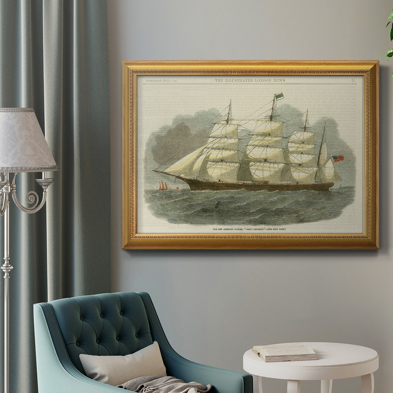 Antique Clipper Ship IV - Peinture sur toile encadrée, H 18 po x l 27 po x P 2,5 po, Cadre doré antique