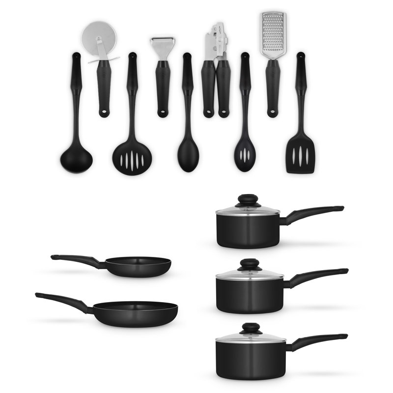 Swan Townhouse 14 Piece Aluminium Cookware and Tool Set with 16/18/20cm saucepans with Glass Lids and 20/26cm Frying Pans