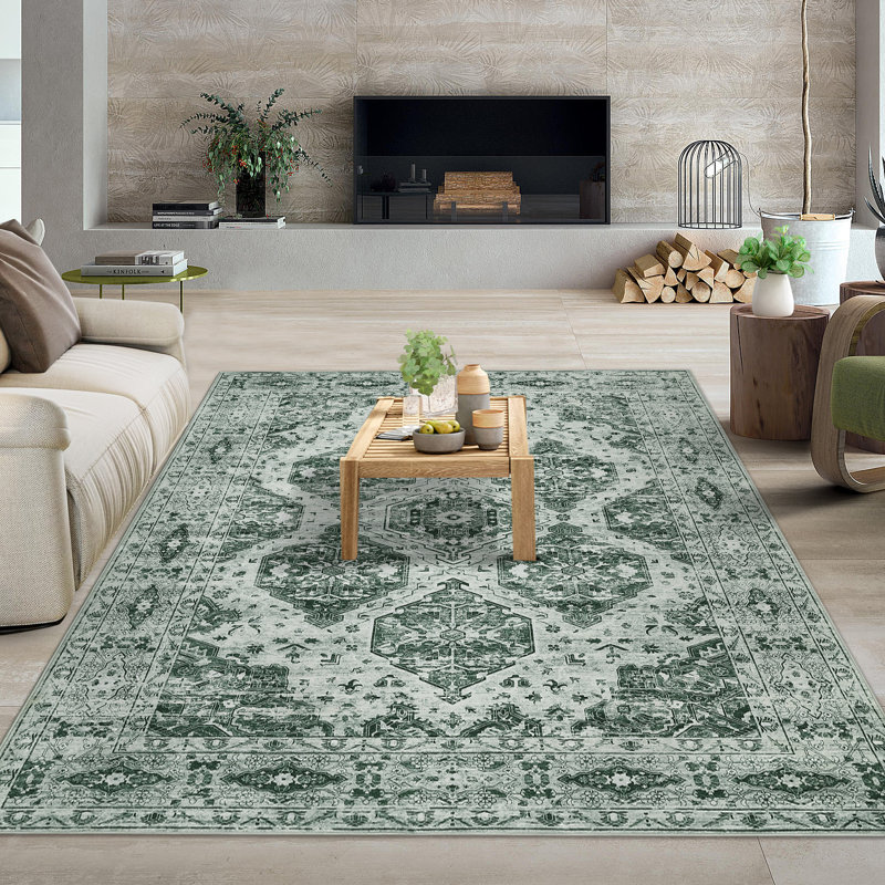 Ultra-Thin Vintage Area Rug - Irregular Medallion, Non-Slip, Floral Design - Low Pile Carpet for Living Room, Bedroom, Dining Room, Farmhouse Decor