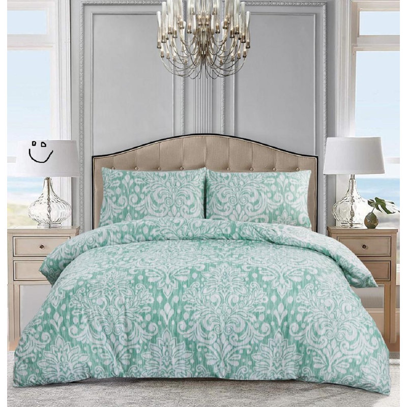Cotton Damask Duvet Cover Set, Double Duvet Cover Set + 3 Additional Pieces, Green Damask