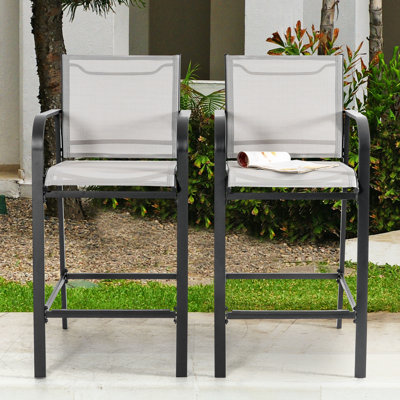 Outdoor 2-Piece High Bar Stools with Powder-Coated Iron Frame, Comfortable Back and Footrest, Curved Armrests for Patio, Black and Gray by Lark Manor