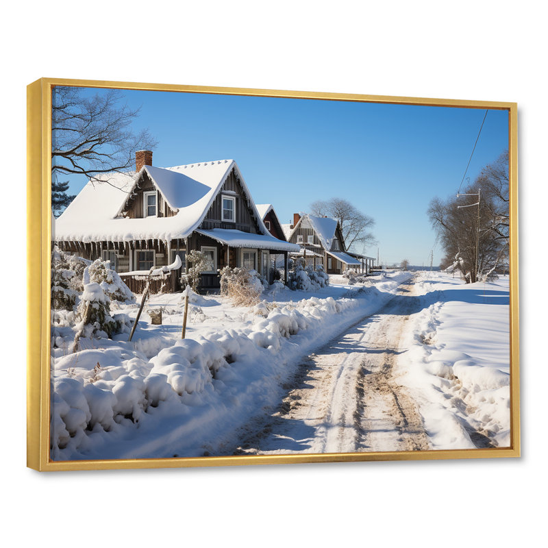 «Snowy Country Road I - Winter Mountains», art mural, Cadre flottant doré, H 30 po x l 40 po x P 1,5 po