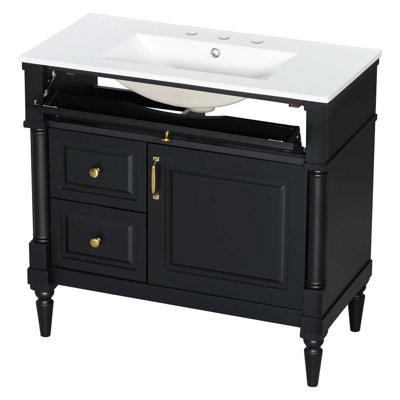 36" Bathroom Vanity With Sink, Freestanding Bathroom Cabinet With Ceramic Basin, Flip Drawer, Adjustable Shelf, Rubberwood Frame & MDF Panels, Metal Handles