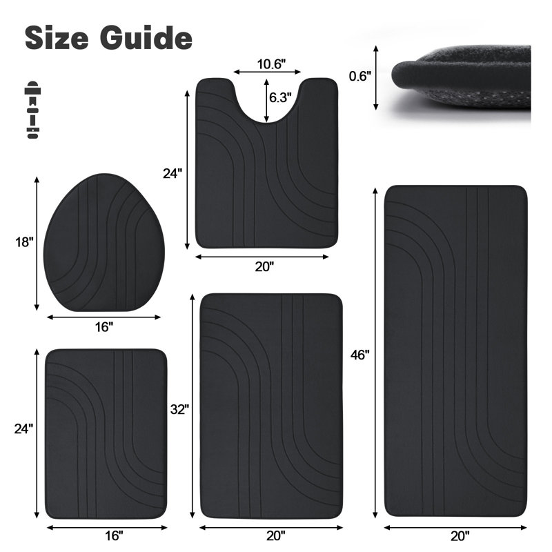 3 Piece Plush Memory Foam Bath Rug Set with Non-Slip Backing and High Absorbency, Black
