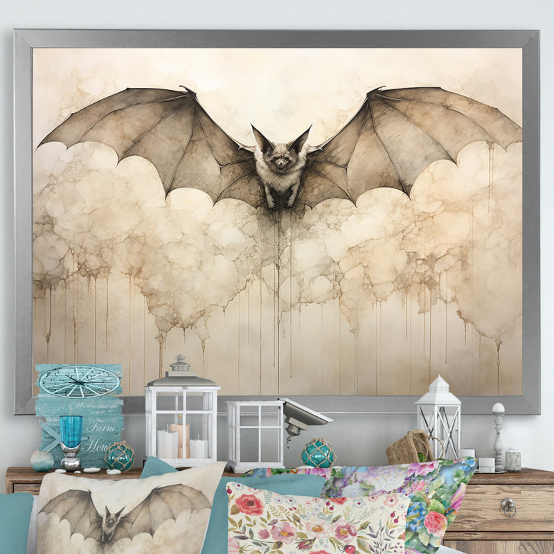 Ailes ouvertes de chauve-souris beiges sur toile, H 16 po x l 32 po x P 1 po, Cadre photo argenté