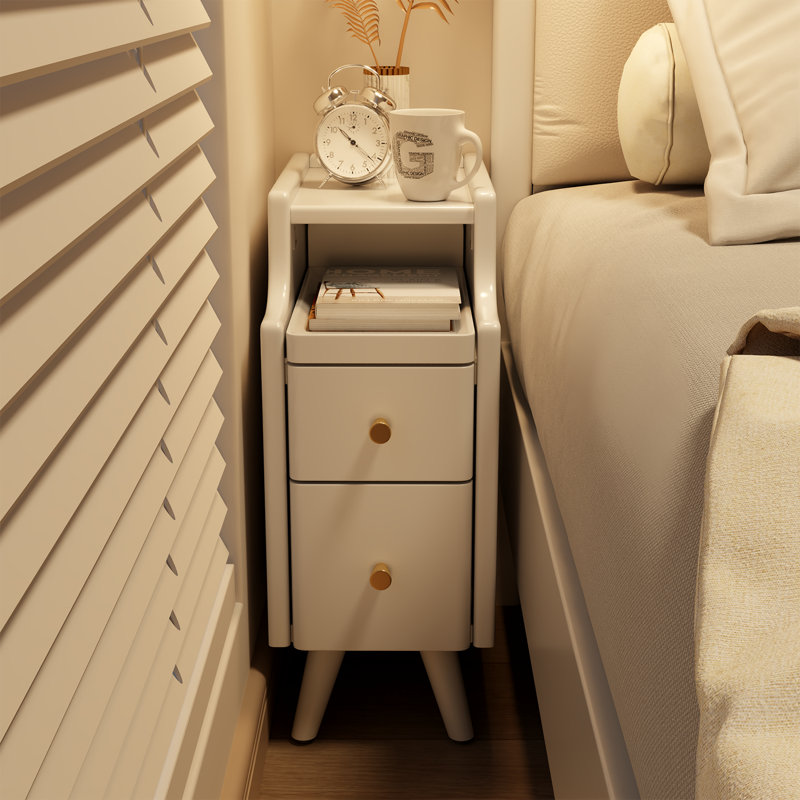 Narrow Solid Wood Nightstand with 2 Drawers