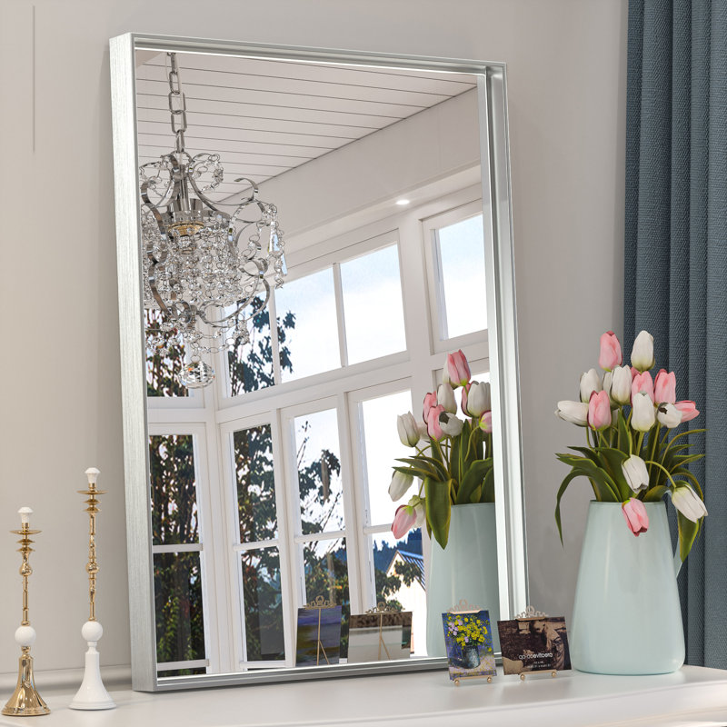 Miroir de salle de bain rectangulaire avec cadre en aluminium et verre trempé, Argent, 30 po x 22 po