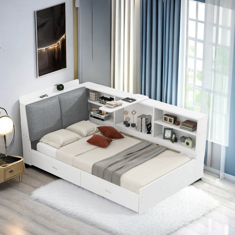 Lordina Bed with Upholstered Storage Headboard, Side Shelves and A Rotating Board, White