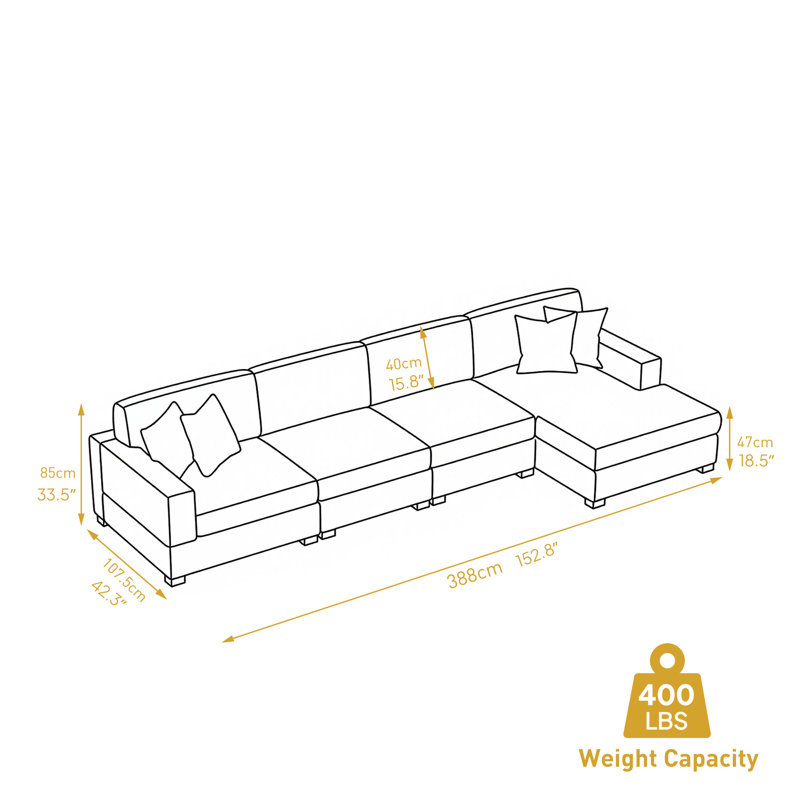 Canapé modulaire 4 pièces en velours côtelé, Velours côtelé bleu marine, H 33,2 po x l 150,8 po x P 63 po, Orienté à droite