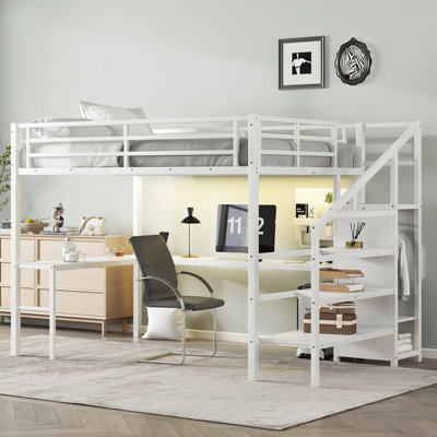 Grand lit mezzanine avec bureau en L et port USB, lit mezzanine en métal avec garde-robe et tablette réglable