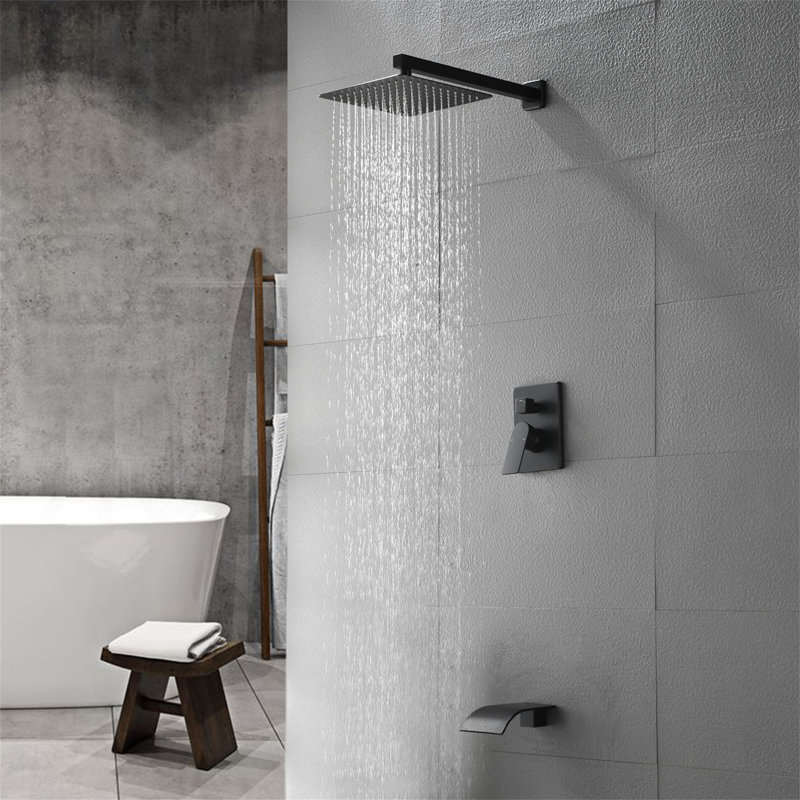10 Inch Wall Mounted Tub Shower System Single Handle Shower Faucet Set Brass Shower Trim Kit With Rough-In Valve, Matte Black