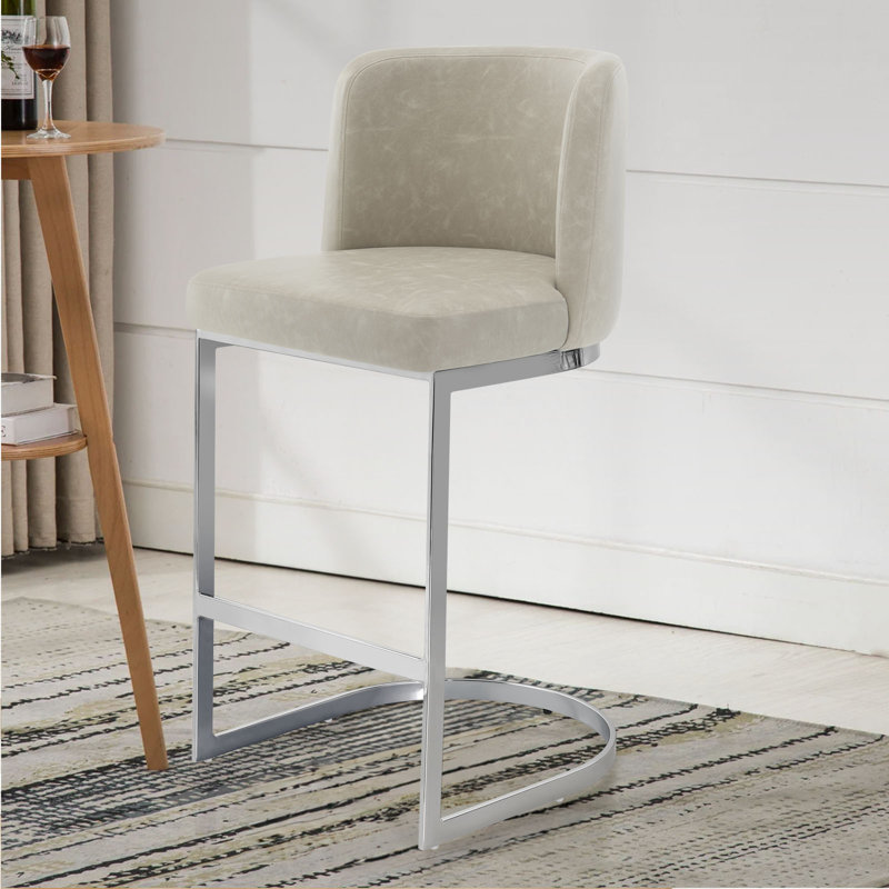 Bittencourt 26'' Upholstered Counter Stool, Faux Leather - Greige, 3