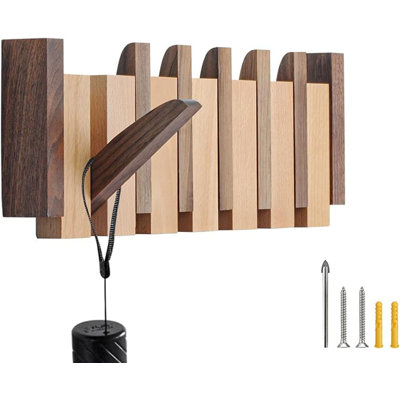Wooden Wall Coat Rack – 6 Magnetic Flip-Down Hooks (10 lbs Each) Handmade Walnut & Beech for Entryway