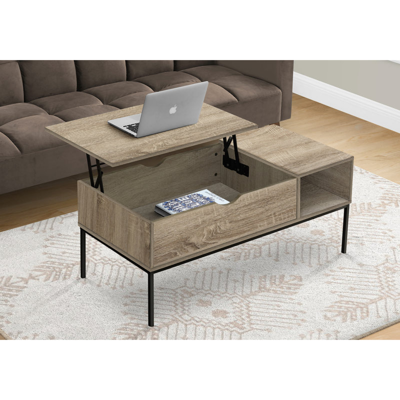 Table basse moderne de 107 cm (42 po) avec plateau relevable, stratifié taupe foncé, structure en métal noir, style contemporain, longueur, métal, espace de rangement supplémentaire