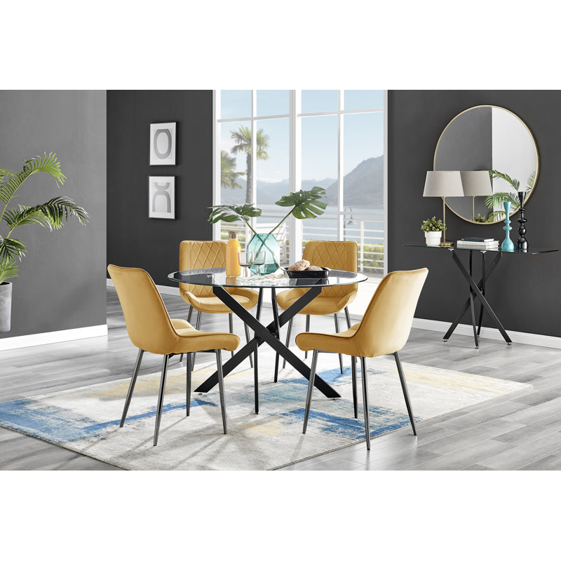 Tierra Modern Chrome Metal & Glass Round Dining Table Set with 4 Luxury Velvet Dining Chairs