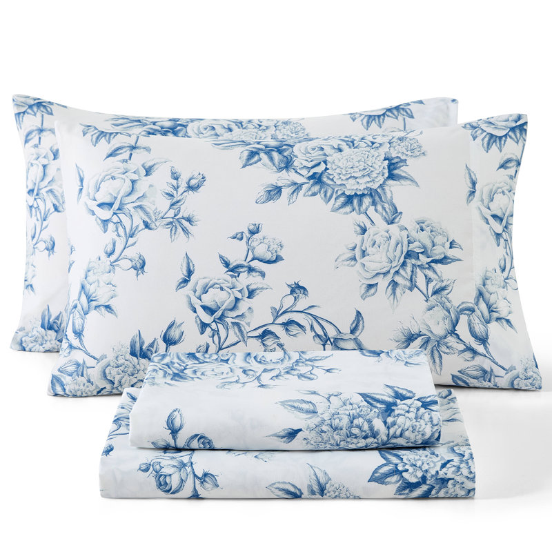 Queen Blue Floral Microfiber Bed Sheet Set