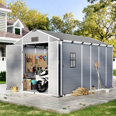  Remise de rangement extérieure 8 x 12 pi, remise à outils de jardin en résine avec portes doubles verrouillables, plancher intégré et toit incliné résistant aux intempéries pour le rangement dans la cour arrière, l'approvisionnement en piscine